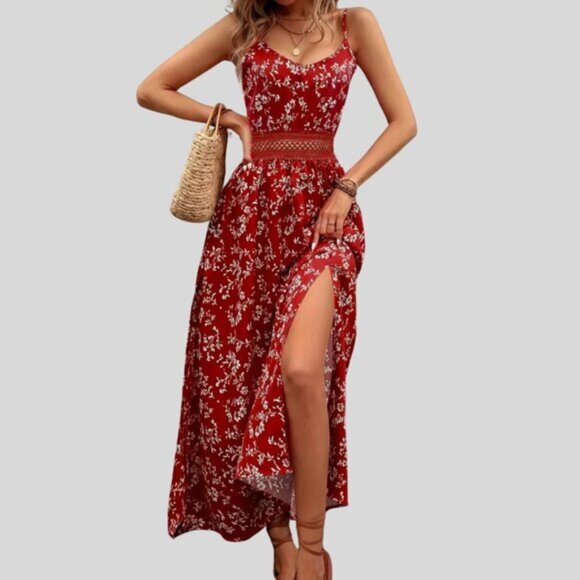 Dresses & Skirts - Ditsy Floral Waist Hollow Lace High Slit Dress Red